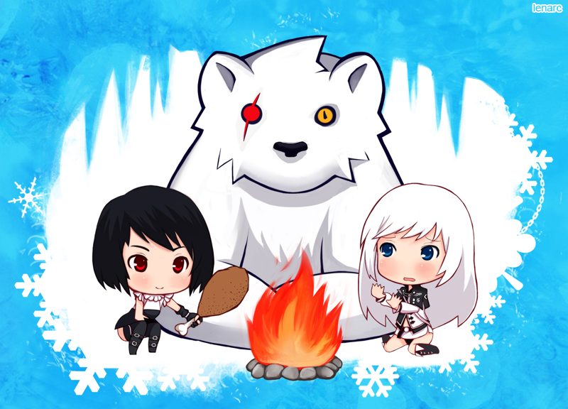 bear, campfire, chibi, fiona_(mabinogi), len|arc, mabinogi, mabinogi_heroes, polar_bear