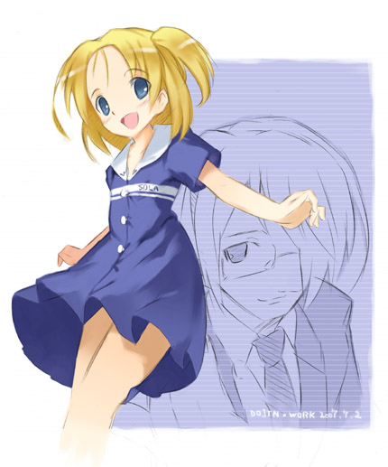 00s, 1boy, 1girl, blonde_hair, blue_eyes, doujin_work, glasses, justice_(doujin_work)