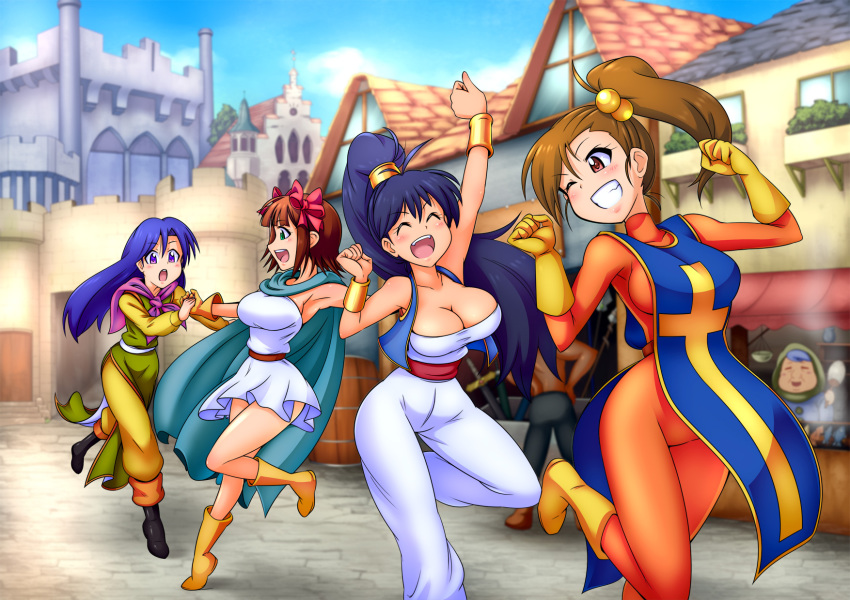 4girls, amami_haruka, arms_up, blue_hair, blurry, boots, breasts, brown_hair, cape, chunsoft, cleavage, clenched_hands, cosplay, depth_of_field, dragon_quest, dragon_quest_iii, enix, martial_artist_(dq3), futami_mami, ganaha_hibiki, gloves, grin, hair_bobbles, hair_ornament, happy, highres, idolmaster, idolmaster_(classic), kisaragi_chihaya, large_breasts, long_hair, martial_artist_(dq3)_(cosplay), merchant_(dq3), merchant_(dq3)_(cosplay), multiple_girls, one_eye_closed, open_mouth, ponytail, priest_(dq3), priest_(dq3)_(cosplay), purple_hair, raised_fist, road, ryoi, sage_(dq3), sage_(dq3)_(cosplay), side_ponytail, smile, street, tabard, wink