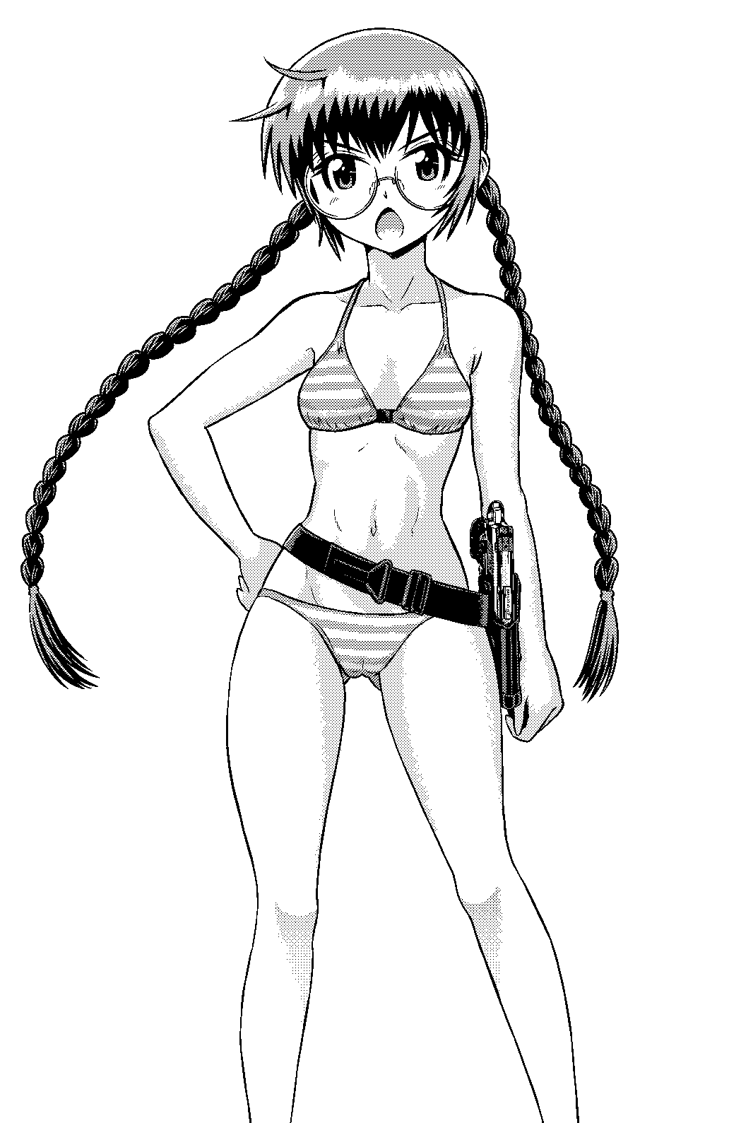 1girl, belt, belt_skirt, bikini, braid, female_focus, glasses, greyscale, gun, highres, kurayami_joe, long_hair, monochrome, original, solo, striped_bikini, striped_clothes, swimsuit, twin_braids, twintails, weapon