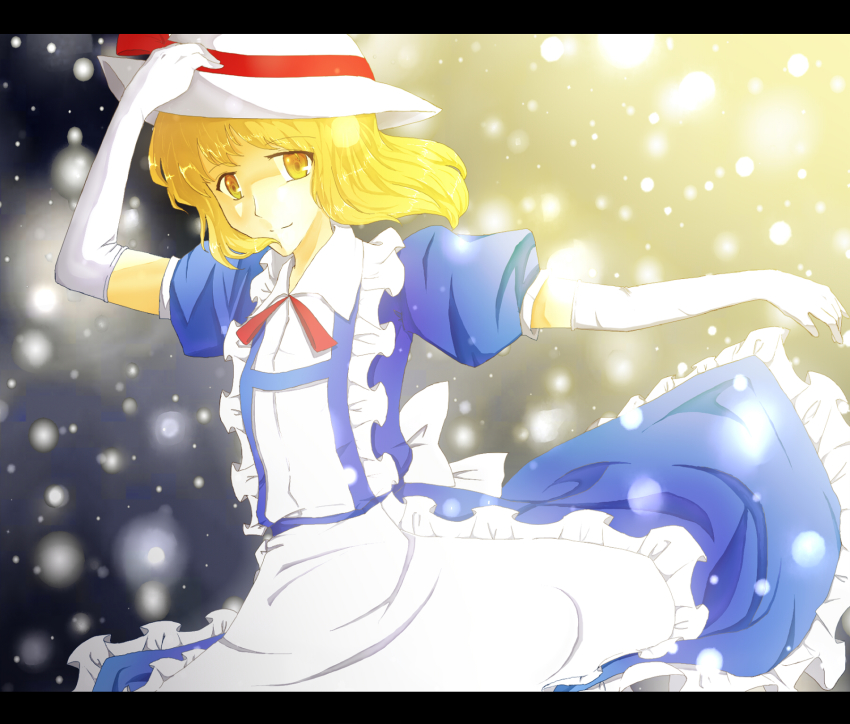 1girl, apron, bad_id, bad_pixiv_id, blonde_hair, dress, elbow_gloves, female_focus, flugel, gloves, hat, highres, kana_anaberal, letterboxed, phantasmagoria_of_dim.dream, ribbon, short_hair, smile, solo, sun_hat, touhou, touhou_(pc-98), yellow_eyes