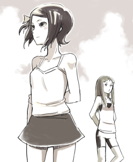 00s, 2girls, bare_shoulders, bike_shorts, collarbone, flat_chest, hair_ornament, hasebe_ai