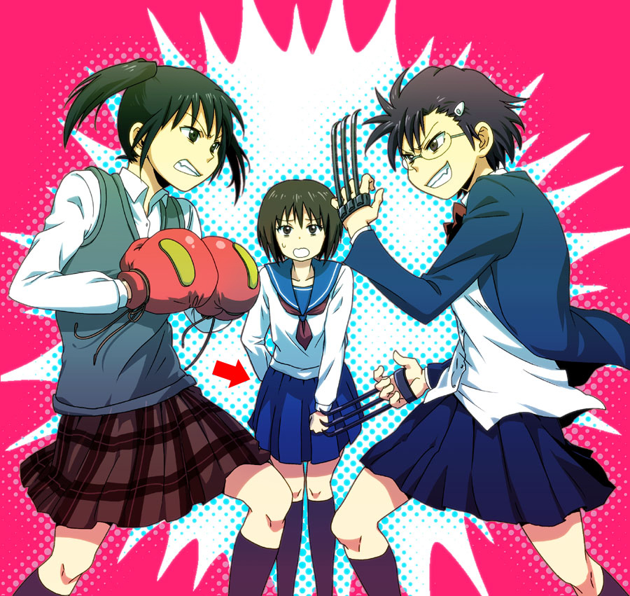 3girls, arrow_(symbol), black_hair, blazer, boxing_gloves, brown_eyes, brown_hair, claws