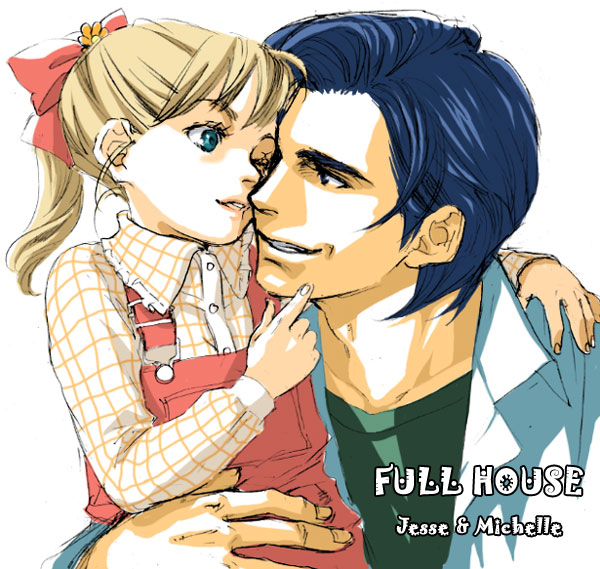 1boy, 1girl, age_difference, animification, blonde_hair, blue_eyes, blue_hair, bow, dress_shirt, full_house, grin, hair_bow, jesse_katsopolis, michelle_tanner, overalls, shirt, smile, tattsun_(blue&amp;hazel), teeth