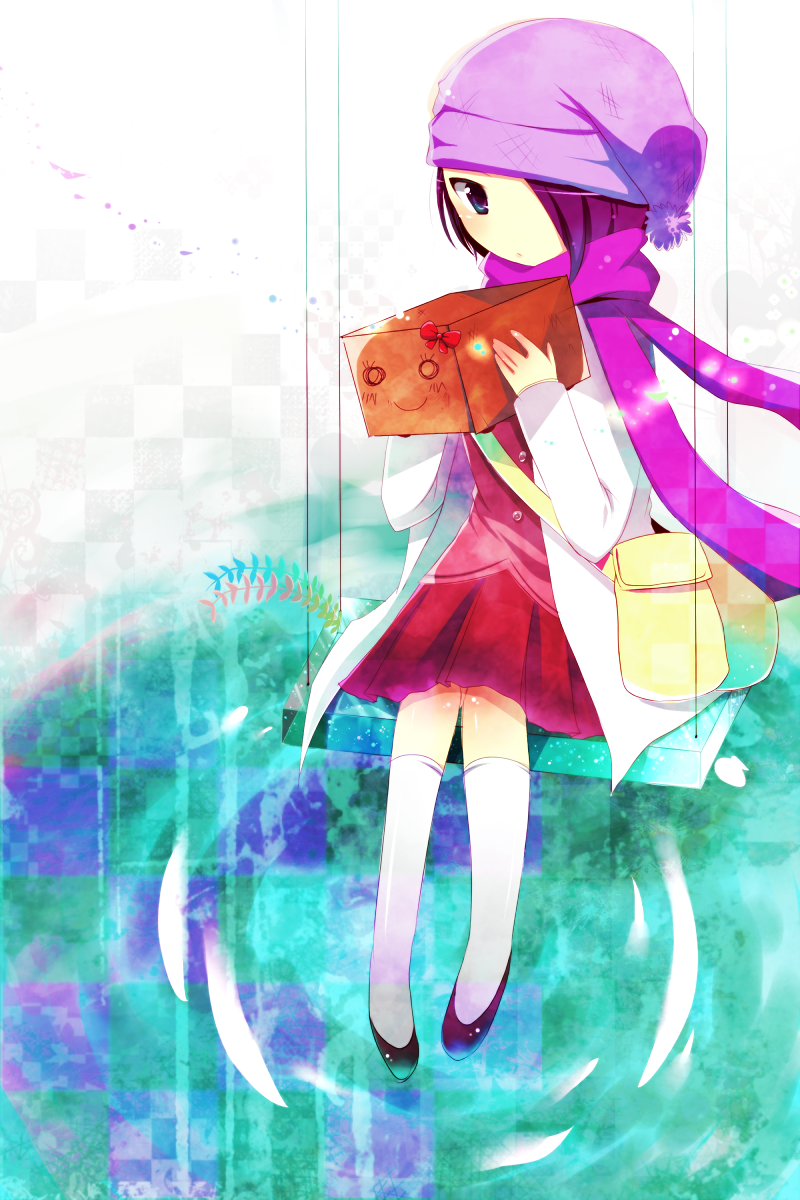 1girl, bag, box, coat, female_focus, hair_over_one_eye, hat, highres