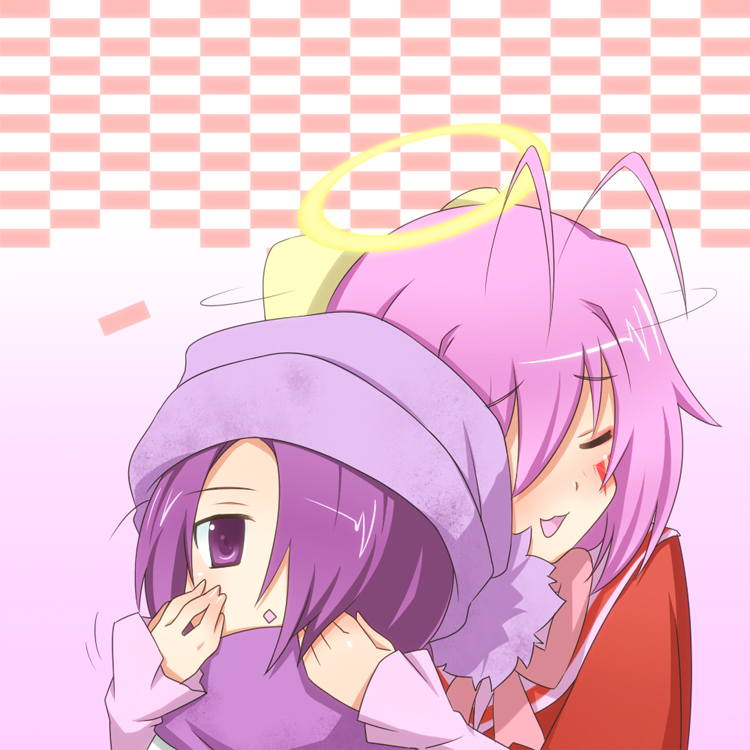 2girls, antenna_hair, apollo_(kaminomi), bow, facial_mark, hair_bow, hair_over_one_eye, halo