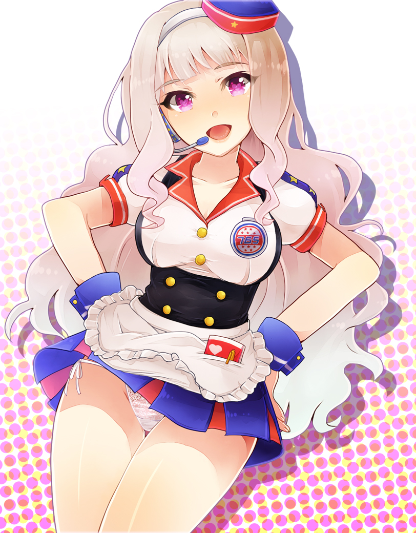 1girl, 81_(mellowry), blush, breasts, female_focus, hands_on_own_hips, hat, headset, idolmaster, idolmaster_(classic), large_breasts, long_hair, open_mouth, panties, pantyshot, red_eyes, shijou_takane, silver_hair, skirt, smile, solo, underwear, upskirt, waitress