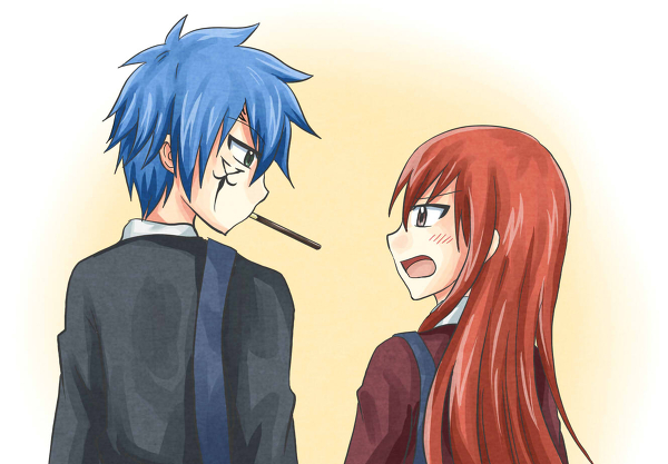 1boy, 1girl, blue_hair, blush, erza_scarlet, fairy_tail, green_eyes, jellal_fernandes
