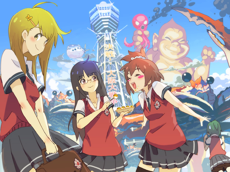 4girls, :d, ^_^, bag, billiken, black_hair, blonde_hair, blush_stickers, brown_eyes, buddha, closed_eyes, crab, dango, food, glasses, green_hair, hair_ornament, hairclip, long_hair, multiple_girls, octopus, open_mouth, original, osaka_(city), school_bag, school_uniform, seiji1209, skirt, smile, sweatdrop, tsutenkaku, v_arms, wagashi, yellow_eyes