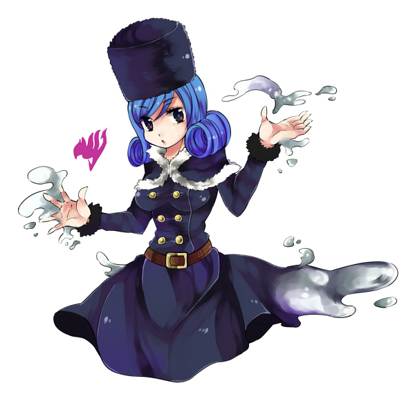 1girl, belt, blue_eyes, blue_hair, breasts, capelet, double-breasted, drop390_(sakuma), fairy_tail, female_focus, fur_hat, fur_trim, hat, image_sample, juvia_lockser, pixiv_sample, ushanka, water