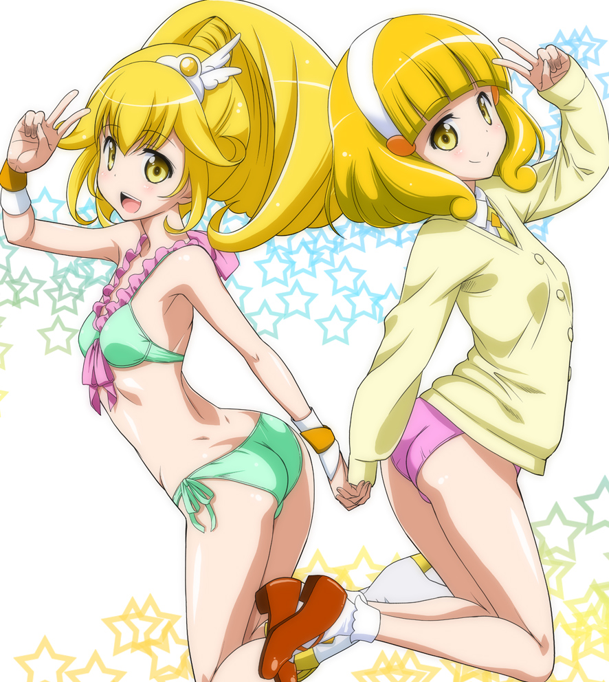 10s, 2girls, :d, ass, bikini, blonde_hair, blush, boots, cure_peace, dual_persona, green_bikini, hair_flaps, hair_ornament, hairband, holding_hands, kise_yayoi, looking_at_viewer, marugoshi_teppei, multiple_girls, necktie, no_pants, open_mouth, precure, shimul_gururu, shoes, short_hair, side-tie_bikini_bottom, simple_background, smile, smile_precure!, star_(symbol), sweater, swimsuit, v, white_hairband, yellow_eyes