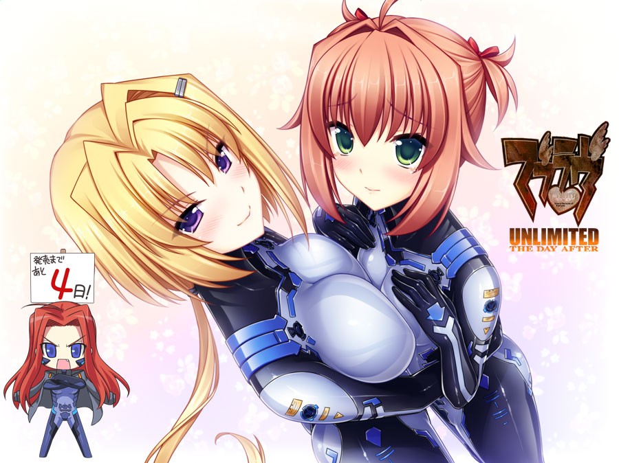 3girls, ahoge, angry, asymmetrical_docking, blonde_hair, blue_eyes, blush, bodysuit