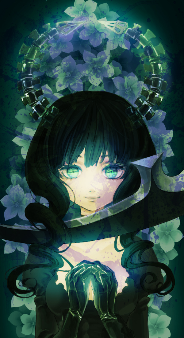 10s, 1girl, black_hair, black_rock_shooter, dead_master, dress, female_focus, glowing, glowing_eyes, green_eyes, horns, kinokojiru, own_hands_clasped, own_hands_together, scythe, smile, solo