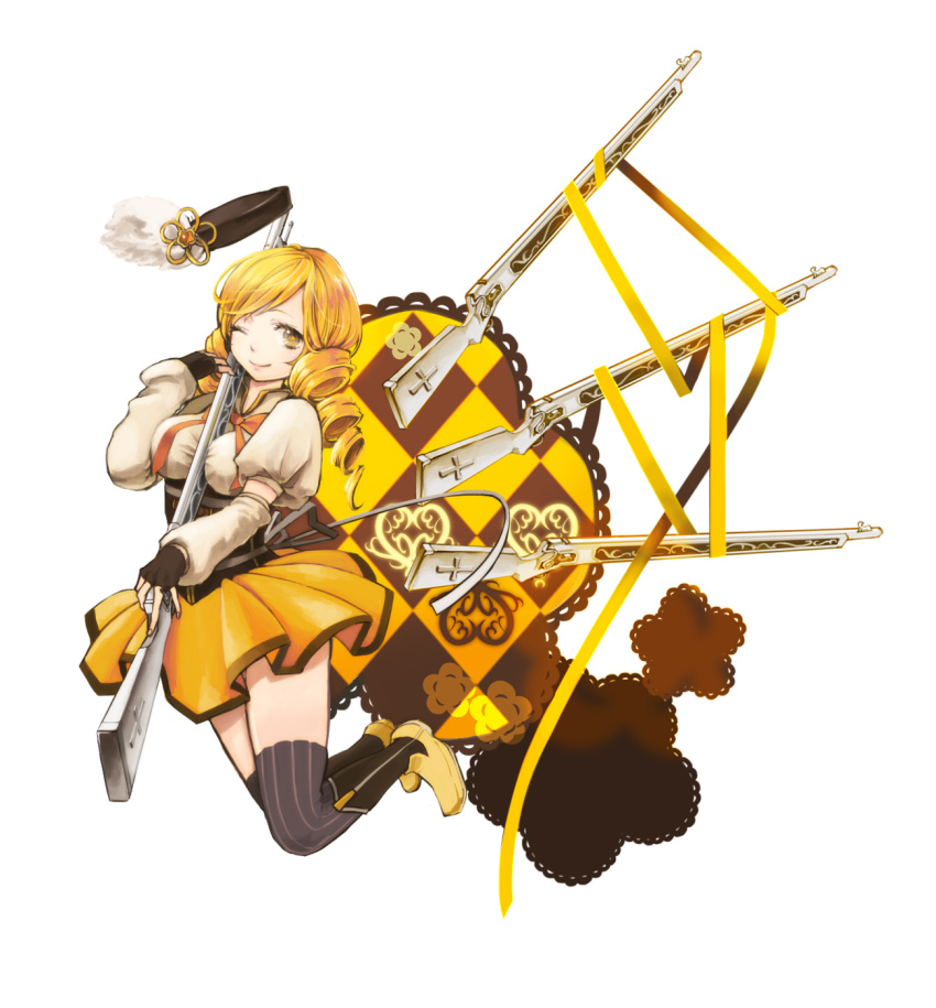 10s, 1girl, beret, between_breasts, blonde_hair, boots, breasts, corset, drill_hair, female_focus, gun, hair_ornament, hat, highres, kinokojiru, large_breasts, magical_girl, magical_musket_(madoka_magica), mahou_shoujo_madoka_magica, mahou_shoujo_madoka_magica_(anime), one_eye_closed, pleated_skirt, ribbon, shirt, skirt, smile, solo, striped_clothes, striped_thighhighs, taut_clothes, taut_shirt, thighhighs, tomoe_mami, tomoe_mami_(magical_girl), vertical-striped_clothes, vertical-striped_thighhighs, weapon, wink, yellow_eyes