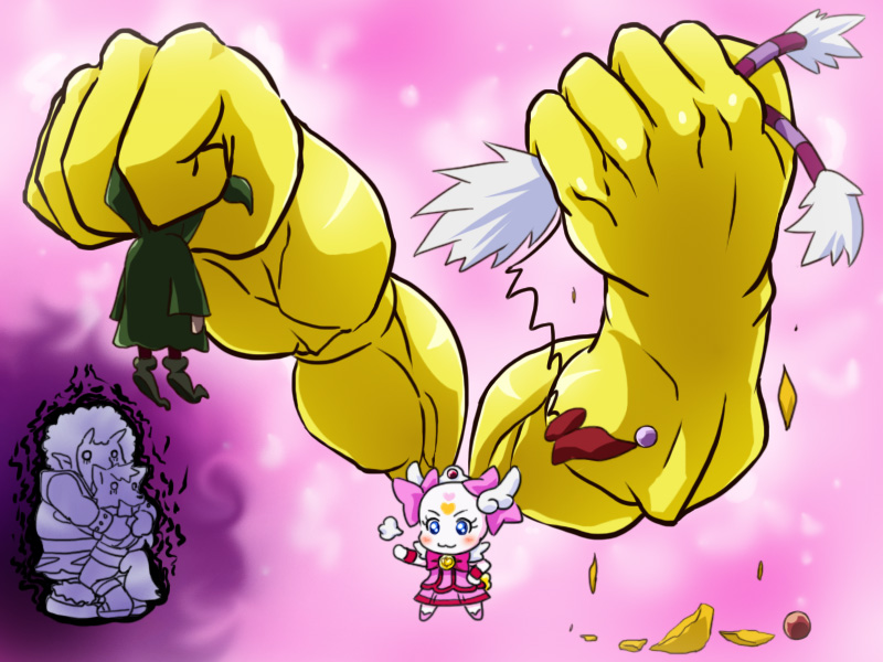 10s, akaooni, bow, breath, candy_(precure), crushing, cure_candy, facial_mark, heart, heart_facial_mark, hug, majorina, mameshiba_(pixiv_59310), monster, muscular, no_humans, pink_bow, precure, scared, smile, smile_precure!, spoilers, wolfrun