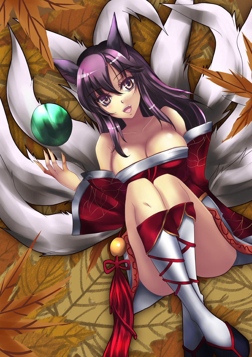 1girl, a-na, ahri_(league_of_legends), animal_ears, ball, bare_shoulders, black_hair, breasts, cleavage, detached_sleeves, fox_ears, fox_tail, high_heels, highres, korean_clothes, large_breasts, leaf, league_of_legends, long_hair, looking_at_viewer, shoes, tail