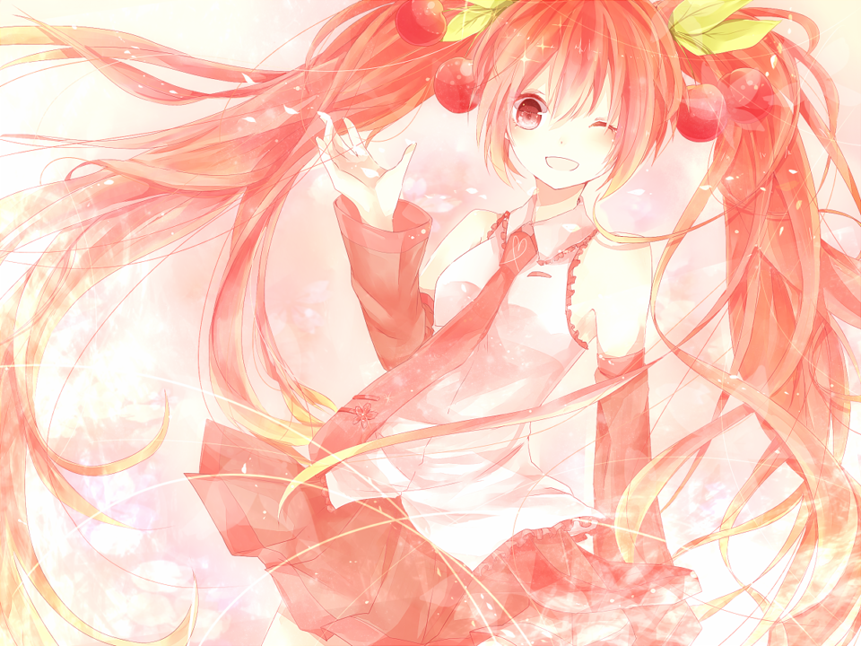 1girl, bad_id, bad_pixiv_id, cherry, detached_sleeves, female_focus, food, fruit