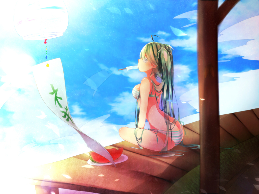1girl, ahoge, aka_tonbo_(lililil), bikini, cloud, day, female_focus, food