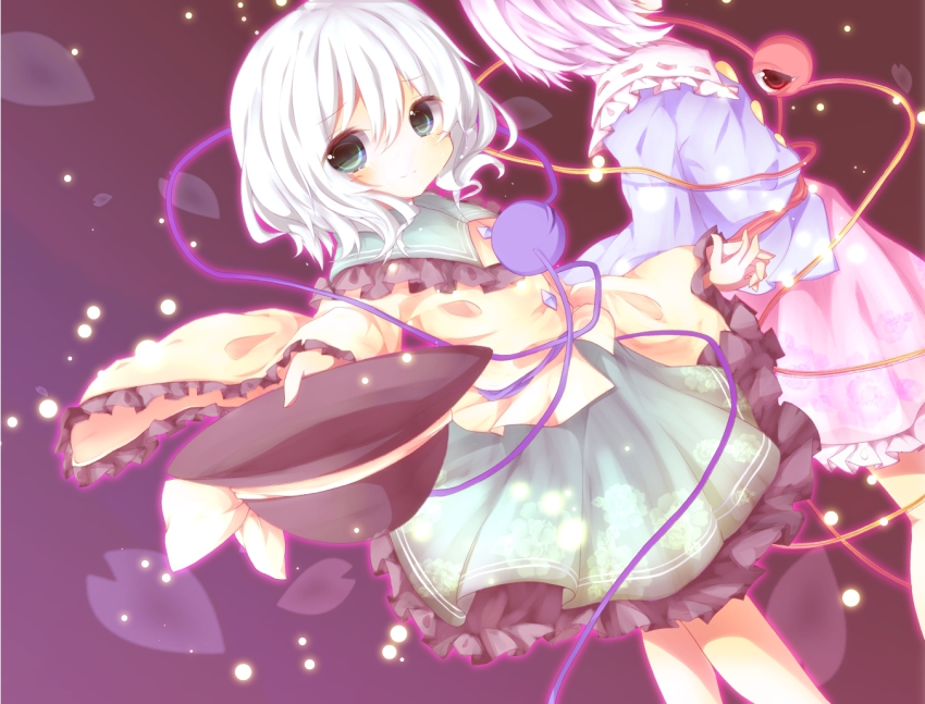 2girls, bad_id, bad_pixiv_id, female_focus, floral_print, green_eyes, holding_hands, happy_tears