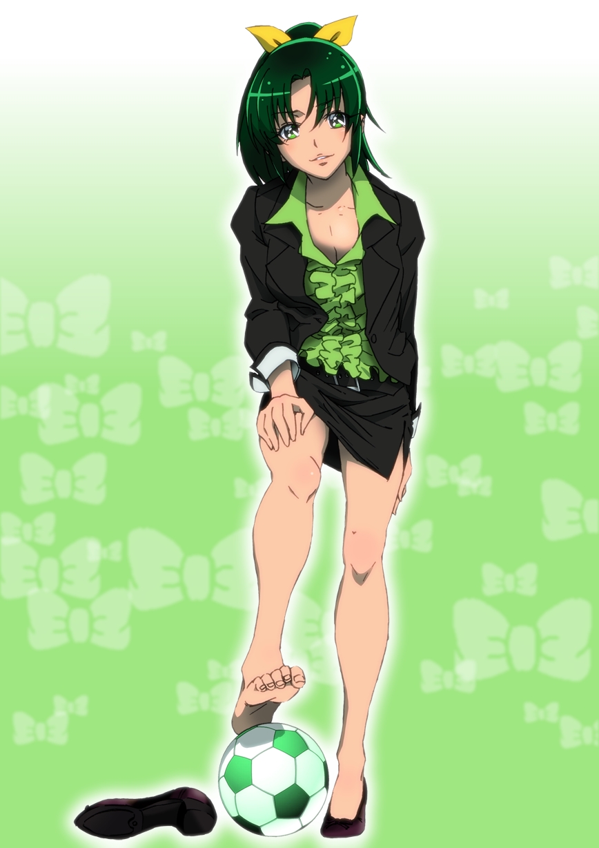 10s, 1girl, aged_up, ball, bare_legs, barefoot, belted, belted_dress, bow, clasped_dress, dress, feet, female_focus, formal_clothes, gorou_(pixiv3249935), gradient_background, green_background, green_eyes, green_hair, green_shirt, hair_ribbon, hand_on_thigh, highres, jacket, leg_lift, looking_at_viewer, matching_hair/eyes, midorikawa_nao, office_lady, peke_(pixiv1607147), pencil_skirt, ponytail, precure, ribbon, shirt, shoes, side_slit, single_shoe, skirt, skirt_suit, smile_precure!, soccer, soccer_ball, solo, standing, suit, telstar, tight_clothes, tight_dress, yellow_ribbon