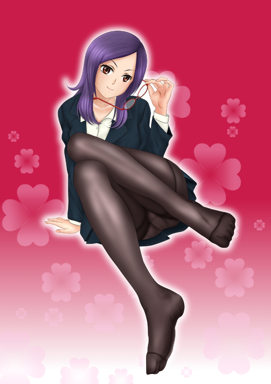00s, 1girl, arm_support, black_pantyhose, brown_eyes, eyelashes, feet, formal_clothes, fresh_precure!, glasses, gradient_background, higashi_setsuna, highres, hyong, long_hair, looking_at_viewer, office_lady, panties, panties_under_pantyhose, pantyhose, peke_(pixiv1607147), pleated_skirt, precure, purple_hair, skirt, skirt_suit, smile, suit, ueyama_michirou, underwear