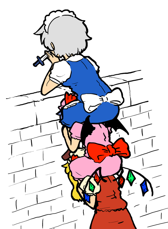 3girls, bat_wings, blonde_hair, bow, brick_wall, carrying, head_rest, dress