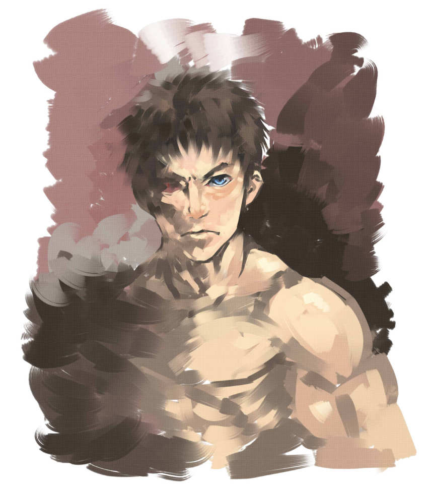 1boy, ash_(dinosaur), blue_eyes, brown_background, brown_hair, dinosaur_(game), falcom, heterochromia, highres, male_focus, okishi_jien, okishiji_en, red_eyes, serious, topless_male, sketch, solo