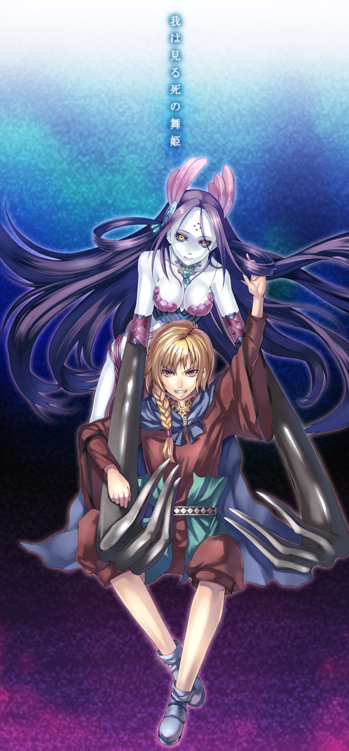 2girls, aisagi, arm_up, black_sclera, blonde_hair, blue_background, braid, breasts