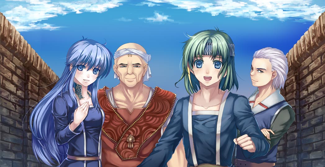 1girl, 3boys, aisagi, bald, blue_eyes, blue_hair, crossed_arms, dinosaur_(game)