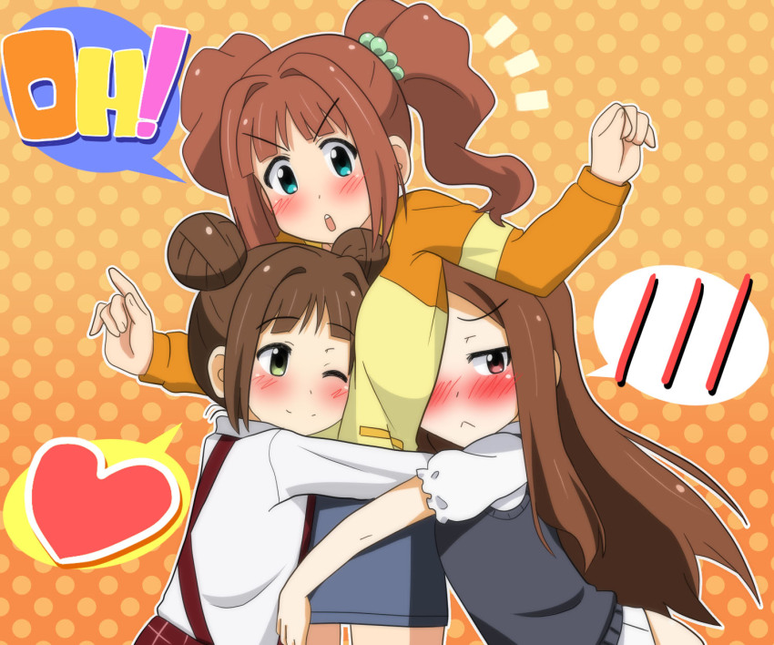 3girls, blush, brown_hair, double_bun, heart, highres, hug, idolmaster