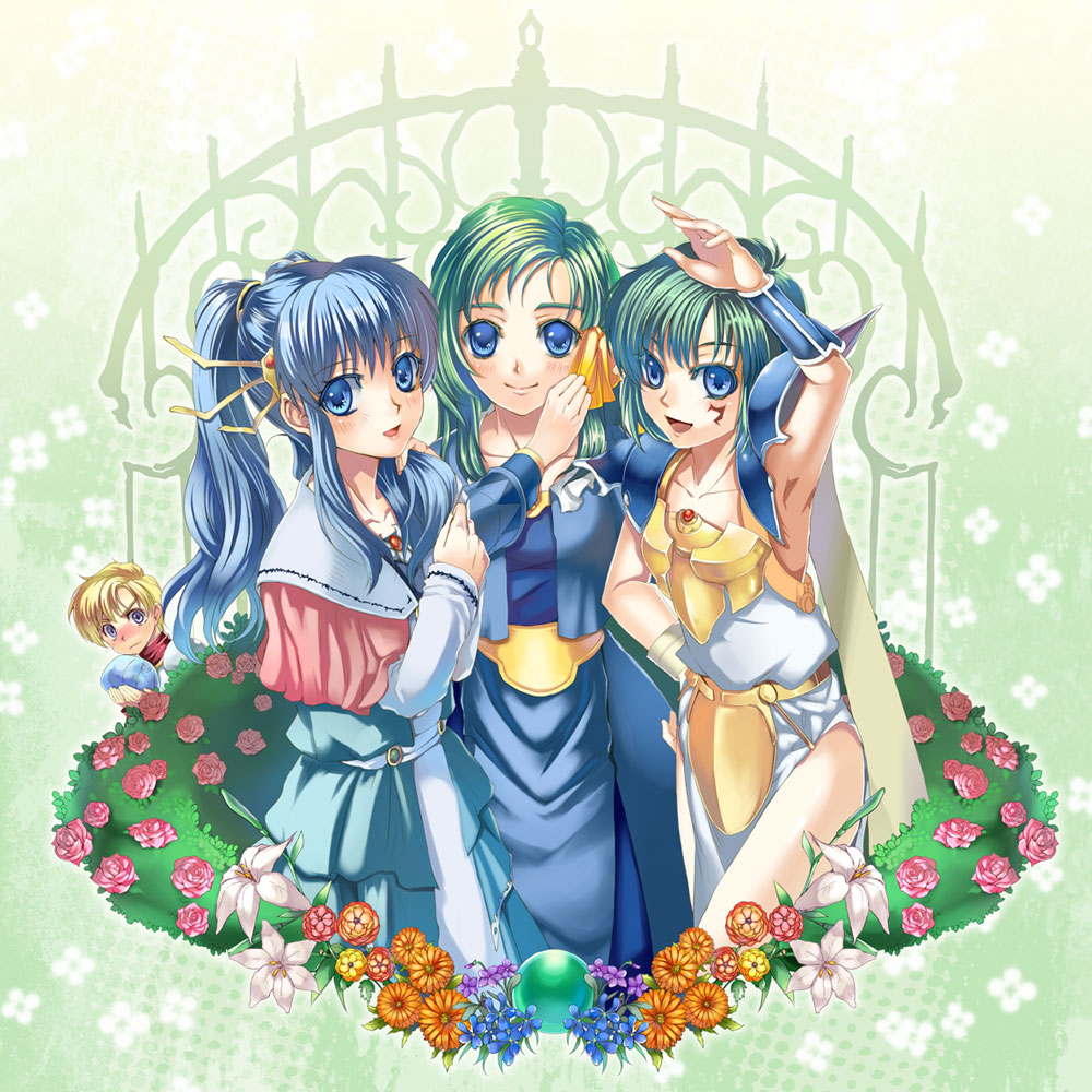 3girls, aisagi, alternate_hairstyle, arm_up, armor, armpits, blue_eyes, blue_hair
