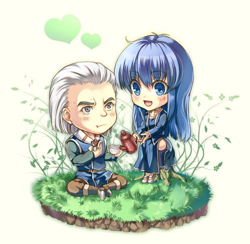 1boy, 1girl, :t, aisagi, blue_eyes, blue_hair, boots, chibi