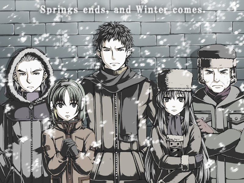 1girl, 4boys, aisagi, ash_(dinosaur), dinosaur_(game), elis_(dinosaur), english_text, falcom