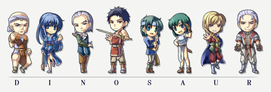 3girls, 5boys, aisagi, ash_(dinosaur), copyright_name, dinosaur_(game), elis_(dinosaur), falcom
