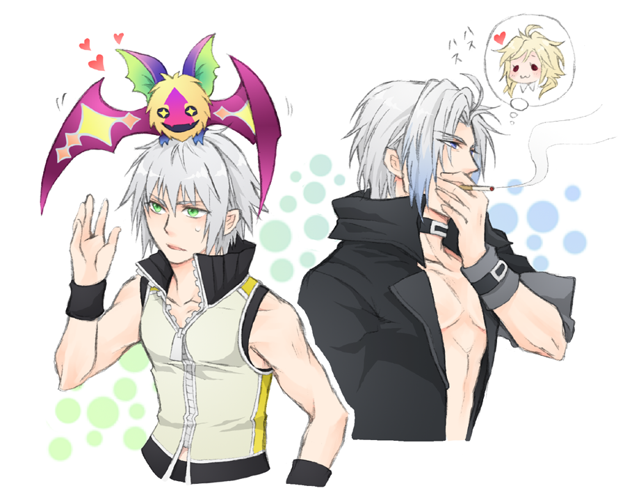 00s, 1990s_(style), 2boys, bare_shoulders, blouse, character_request, choker, cigarette, crossover, dream_eater_(kingdom_hearts), final_fantasy, final_fantasy_vii, final_fantasy_vii:_advent_children, heart, kingdom_hearts, kingdom_hearts_3d, kingdom_hearts_3d:_dream_drop_distance, koumori_bat, male_focus, masamune_(ff7), monster, multiple_boys, on_head, open_clothes, open_shirt, personification, retro_artstyle, riku_(kingdom_hearts), shinzui_(fantasysky7), shirt, short_hair, smoke, speech_bubble, thought_bubble, translation_request, wristband