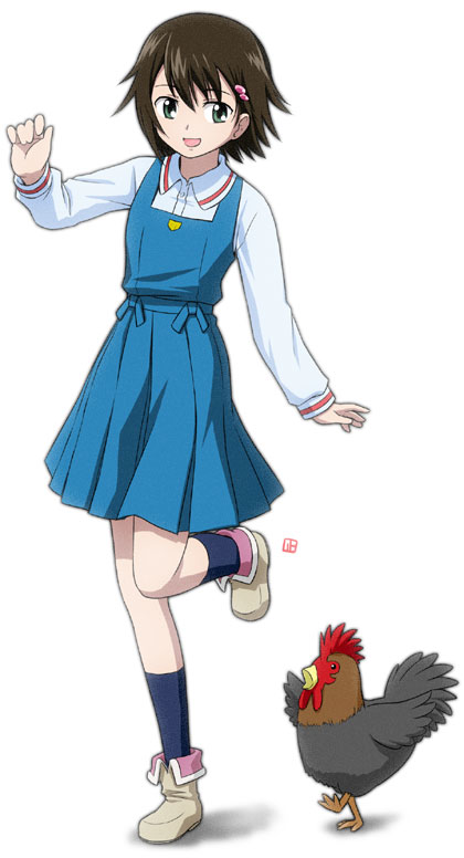 00s, 1girl, bird, boots, brown_hair, chicken, female_focus, food, full_body, green_eyes, isurugi_noe, nagian, raigomaru, short_hair, solo, standing, true_tears, uniform