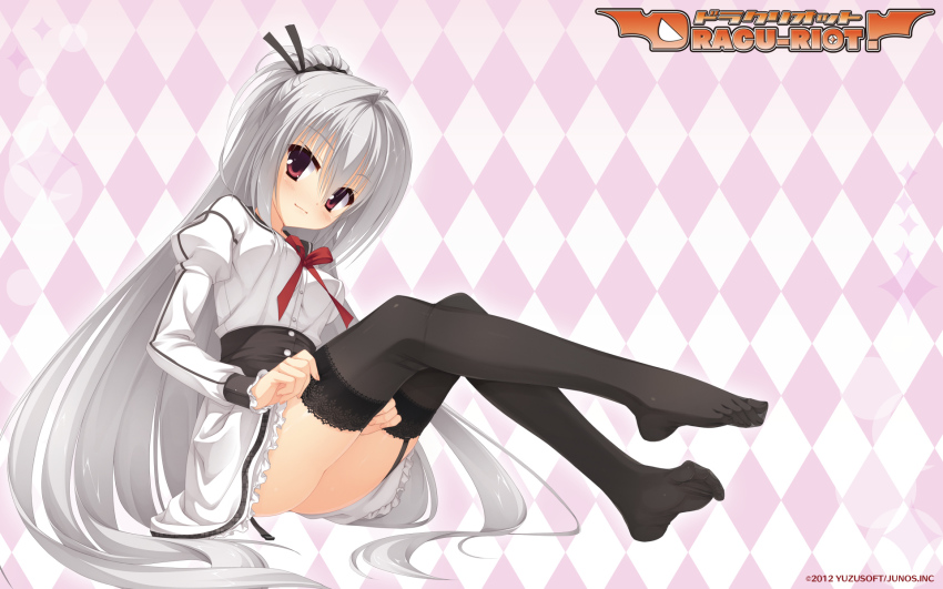 1girl, argyle_background, argyle_clothes, black_thighhighs, blush, copyright_name, dracu-riot!, dress