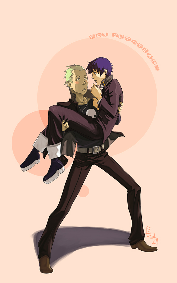 1boy, 1girl, androgynous, atlus, belt, black_eyes, blonde_hair, blue_hair