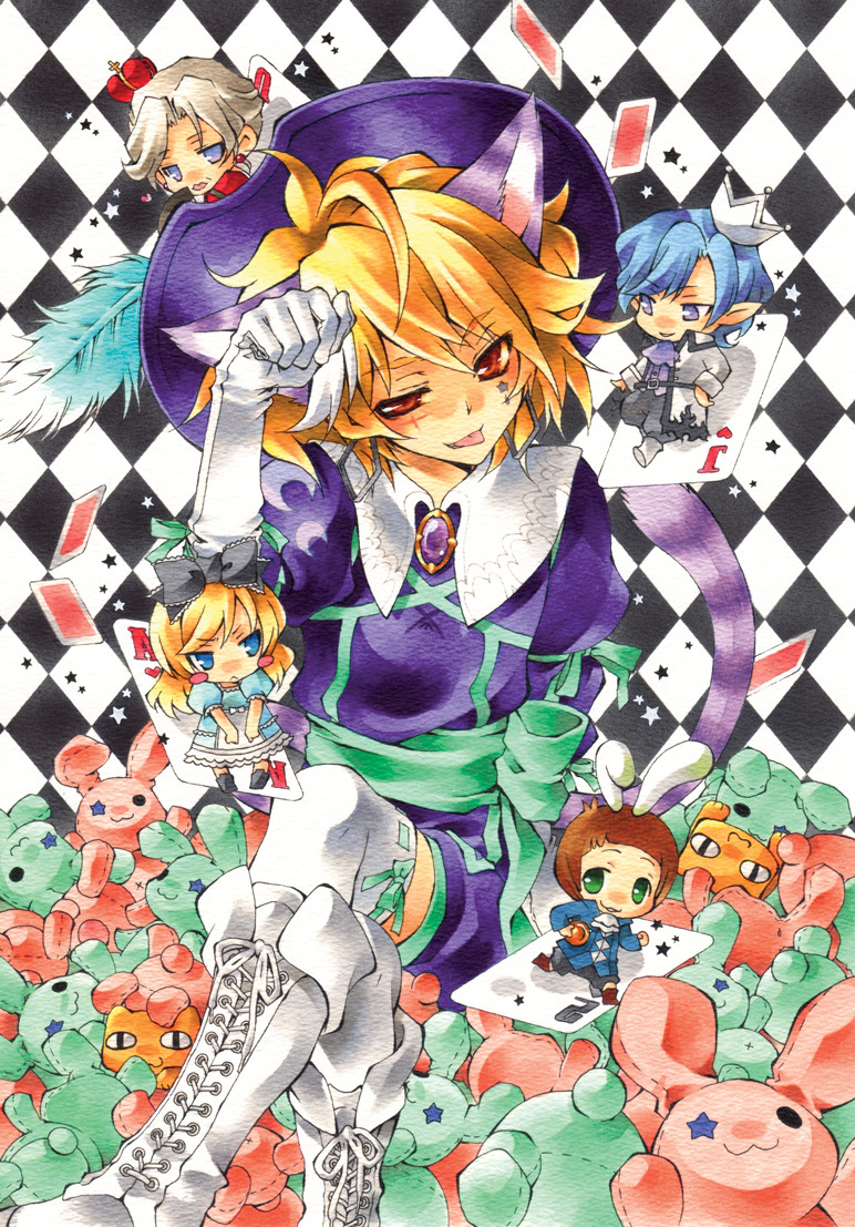 2girls, 3boys, alternate_costume, andras, androgynous, animal_ears, blonde_hair, blue_eyes