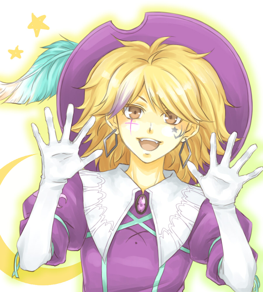 1boy, androgynous, blonde_hair, brown_eyes, earrings, elbow_gloves, gloves, jewelry, mabinogi, male_focus, multicolored_hair, pierrick, postlady, simple_background, solo, streaked_hair