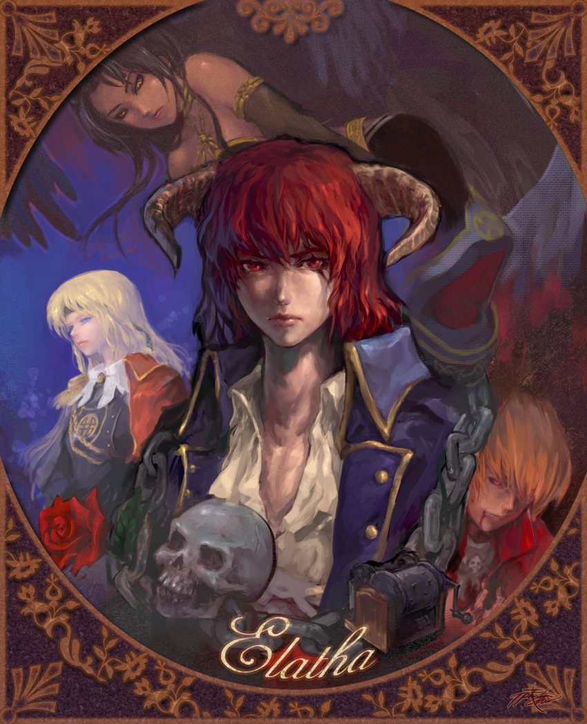 2girls, 3boys, andras, black_hair, black_sclera, blonde_hair, blood, blue_eyes, chain, character_name, cichol, colored_sclera, dark_skin, demon_boy, elatha, highres, horns, lebbaeus, mabinogi, multiple_boys, multiple_girls, music_box, neamhain, phantom_cross, picture_frame, red_eyes, red_hair, scar, skull, wings, yellow_eyes