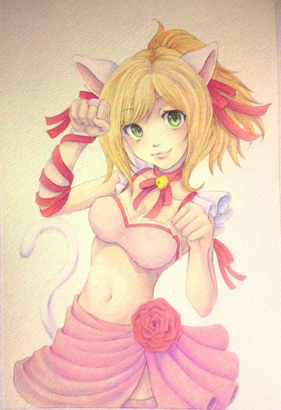 10s, 1girl, animal_ears, brown_hair, cat_ears, cat_tail, female_focus, flower