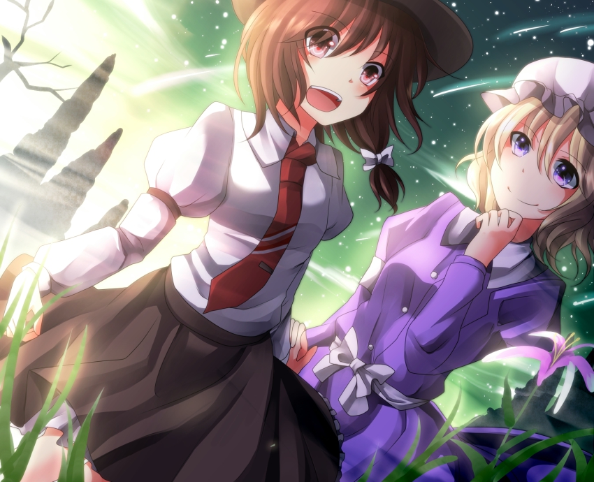 2girls, arm_up, blonde_hair, bow, brown_hair, daradara1999, dress, female_focus
