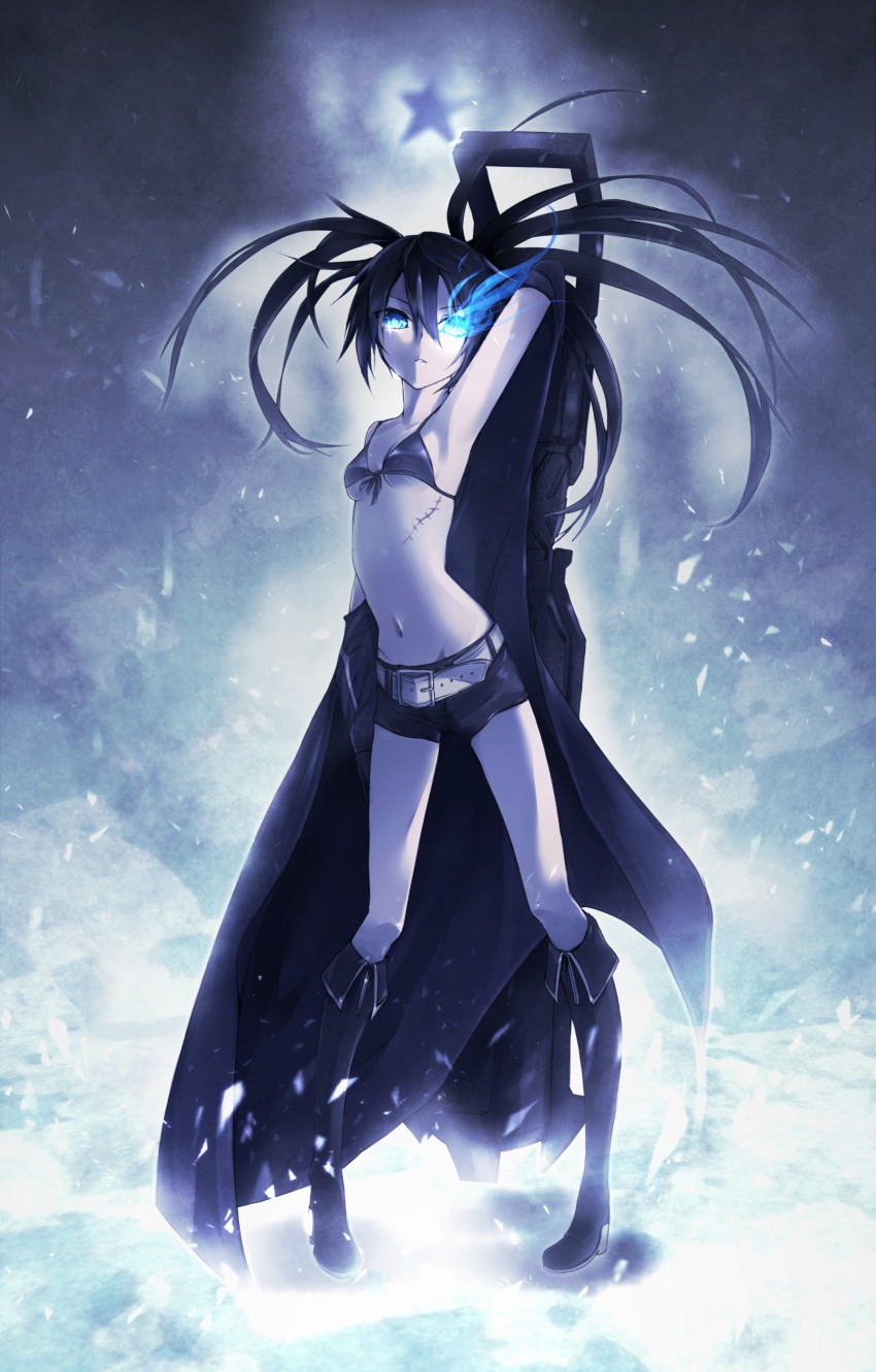 10s, 1girl, absurdres, armpits, arms_up, belt, bikini, bikini_top_only, black_hair, black_rock_shooter, black_rock_shooter_(character), blue_eyes, boots, breasts, cannon, coat, female_focus, front-tie_top, glowing, glowing_eye, glowing_eyes, highres, long_hair, looking_at_viewer, midriff, navel, pigeon-toed, scar, short_shorts, shorts, skinny, solo, star_(symbol), swimsuit, takka9294, takka_(aegis9294), tears, twintails, underboob, weapon