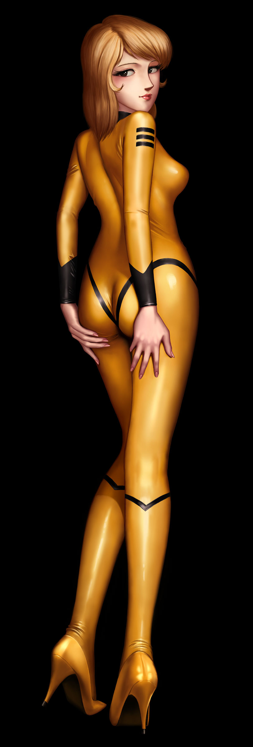 1970s_(style), 1girl, absurdres, ass, back, blonde_hair, bodysuit, female_focus, from_behind, high_heels, highres, hip_focus, latex, latex_suit, legs, lipstick, long_image, makeup, mori_yuki, oldschool, python_(snake_legs), retro_artstyle, shiny_clothes, shoes, simple_background, skin_tight, solo, spandex, stiletto_heels, tall_image, uchuu_senkan_yamato