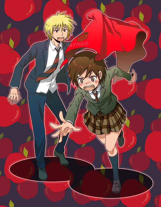 1boy, 1girl, apple, blazer, blonde_hair, blush, blush_stickers, brown_eyes