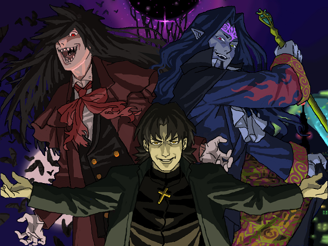 00s, 3boys, alucard_(hellsing), bad_id, bad_pixiv_id, black_hair, blue_hair, blue_skin, cassock, colored_skin, count_of_monte_cristo_(gankutsuou), cross, crossover, fangs, fate/stay_night, fate_(series), gankutsuou, green_eyes, hellsing, heterochromia, kotomine_kirei, long_coat, long_hair, male_focus, mohatch, multiple_boys, nakata_jouji, outstretched_hand, pointy_ears, red_eyes, shigeyama_mohachi, staff, trait_connection, voice_actor_connection