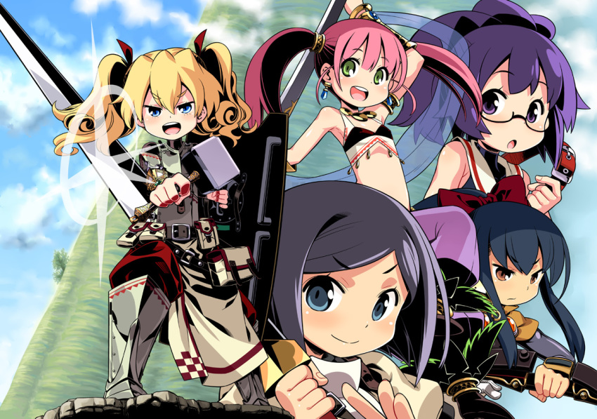 5girls, armlet, armor, atlus, belt, black_hair, blonde_hair, blue_eyes, blue_hair, bow_(weapon), brown_eyes, dancer_(sekaiju), dancer_2_(sekaiju), earrings, etrian_odyssey, fortress_(sekaiju), fortress_2_(sekaiju), glasses, greaves, green_eyes, hammer, jewelry, medic_(sekaiju_4), medic_2_(sekaiju_4), minami_juujisei, multiple_girls, pink_hair, ponytail, purple_eyes, purple_hair, sekaiju_no_meikyuu, sekaiju_no_meikyuu_4, shield, sniper_(sekaiju), sniper_2_(sekaiju), sword, swordsman_(sekaiju_4), swordsman_2_(sekaiju_4), twintails, vambraces, weapon