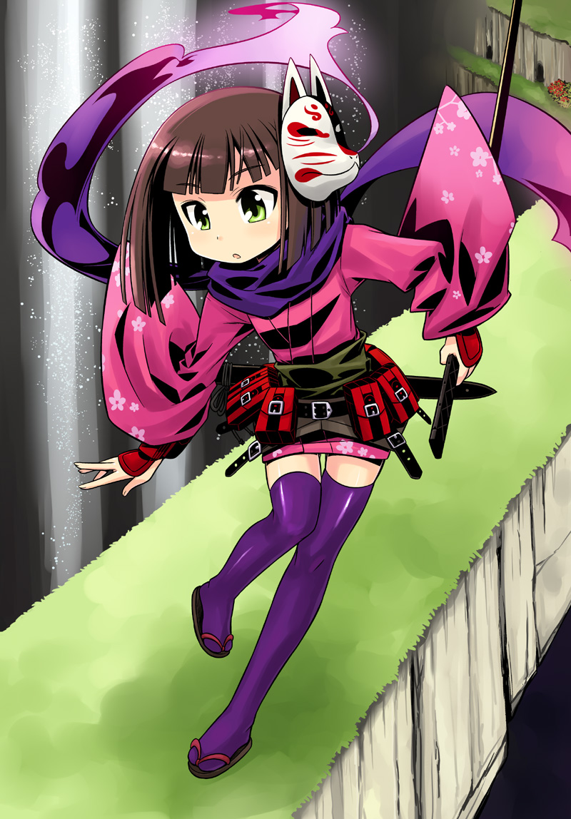 atlus, belt, brown_hair, etrian_odyssey, fox_mask, green_eyes, japanese_clothes, kimono