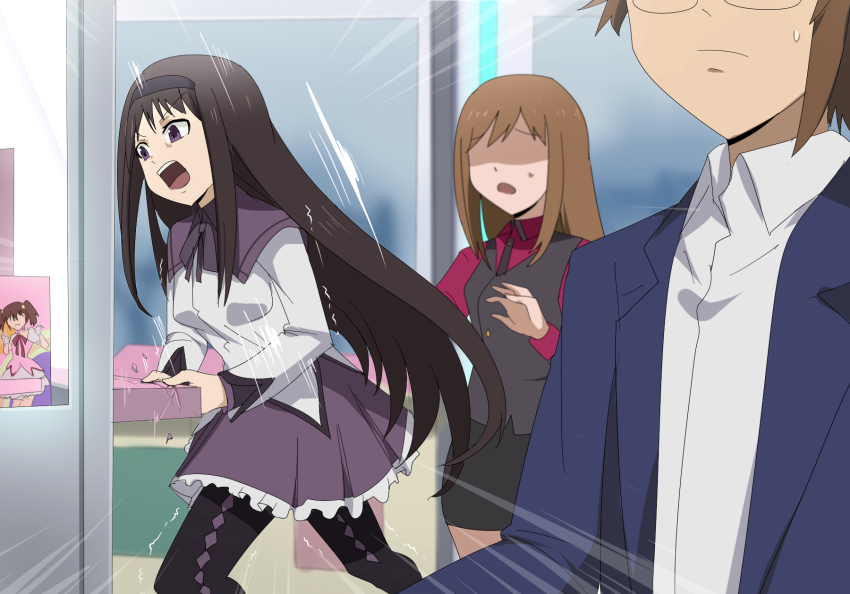 1boy, 2girls, akemi_homura, akemi_homura_(magical_girl), black_hair, brown_hair, cosplay, crane_game